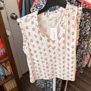 Lucky Brand White and Pink Floral Ruffle Top